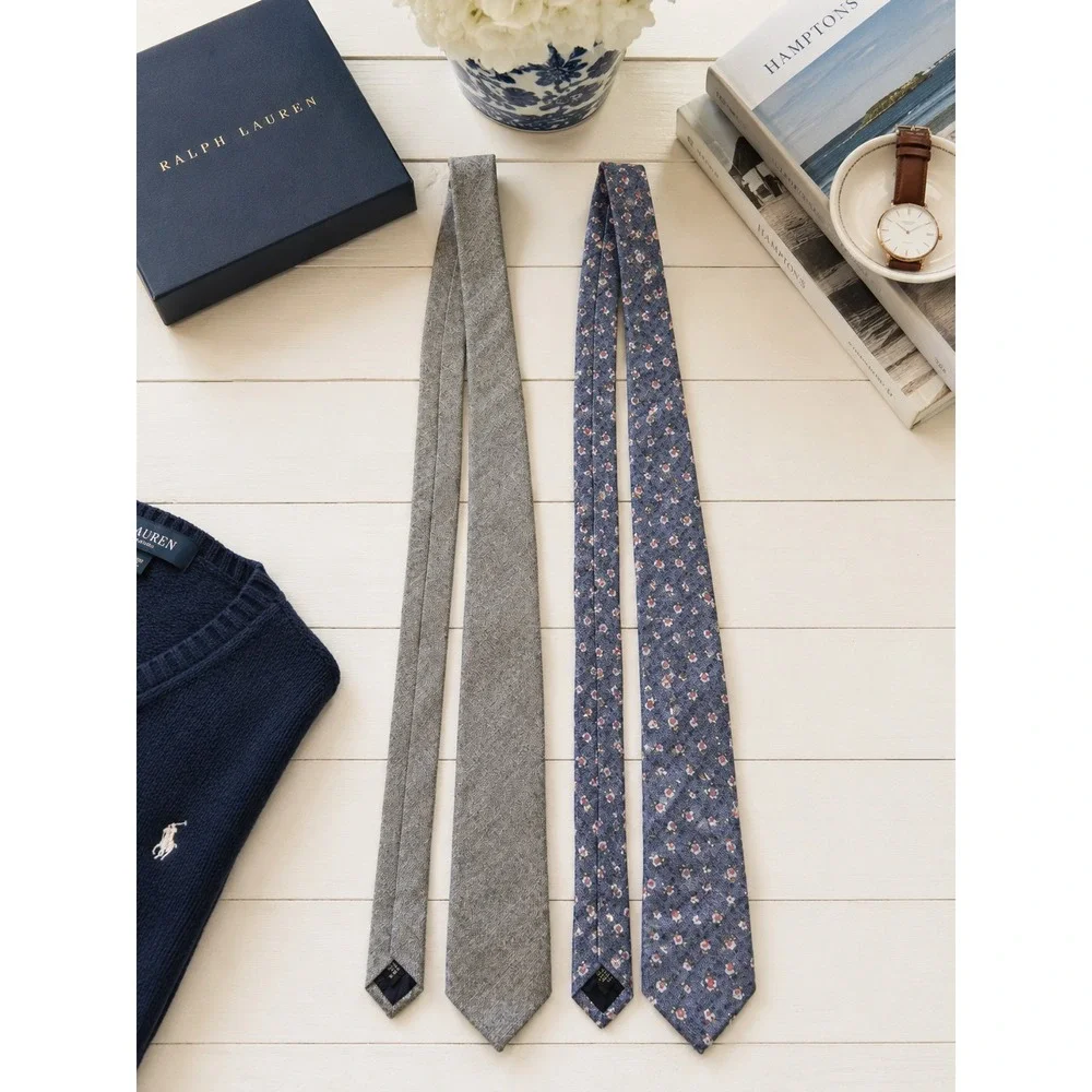 J. Crew Mens Tie Bundle Grey Wool & Blue Floral Cotton Handmade‎ USA Necktie Set